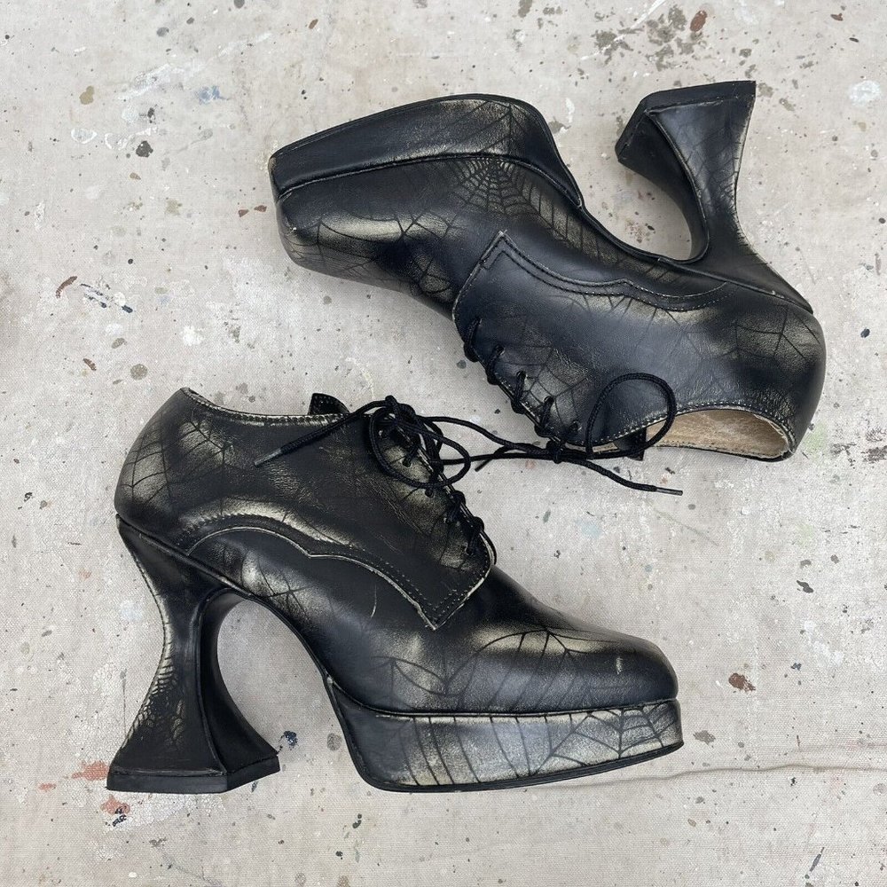 Vintage OG 90’s London Underground Spiderweb Print Leather Coffin Heel Platforms - Picture 1 of 8